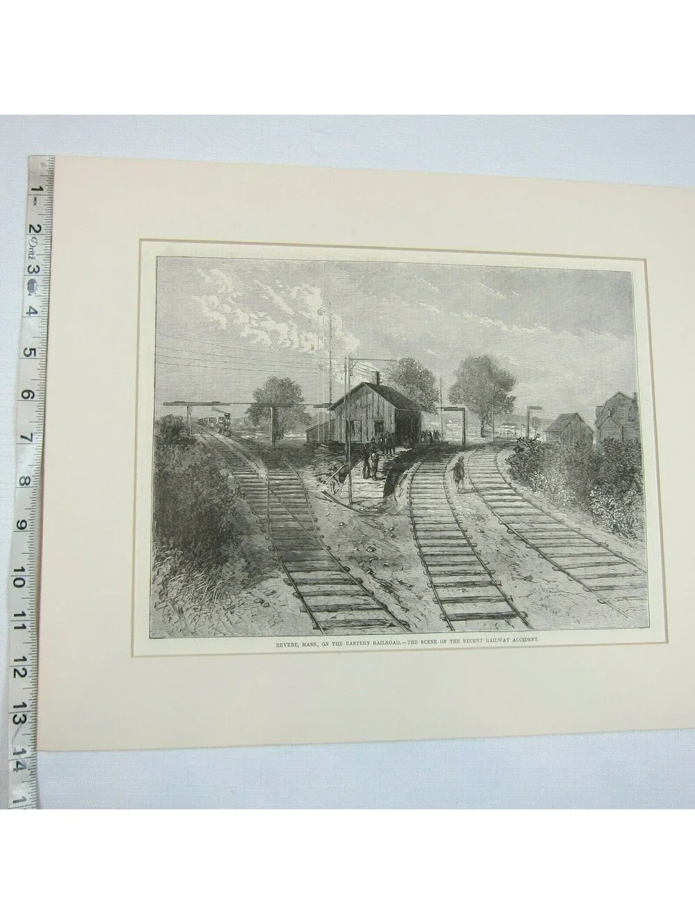 Antique 1871 Wood Engraved Print Revere Massachusetts Railroad Train Wreck Scene